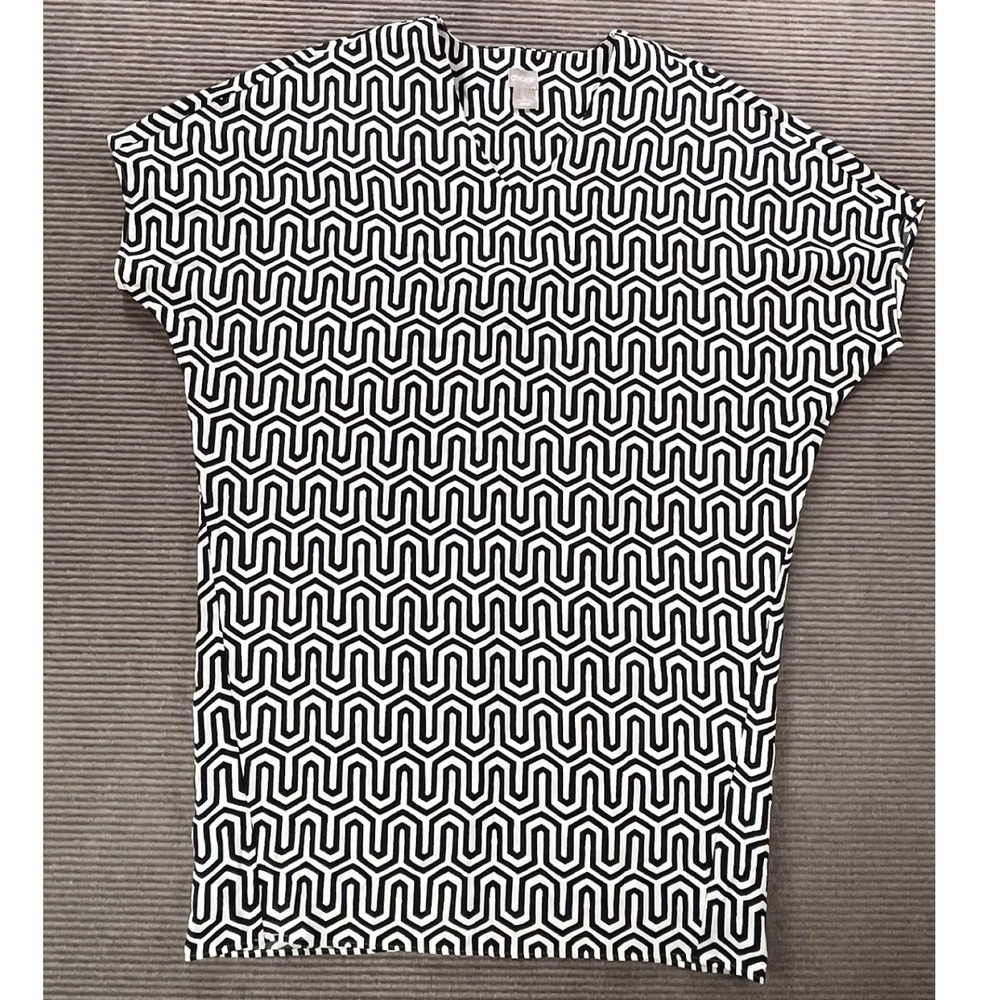 Chico's Black White Geometric Print Split V-Neck Blouse Top Size 2 L